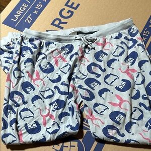 Gray Pajama Pants with Blue and Pink Print
